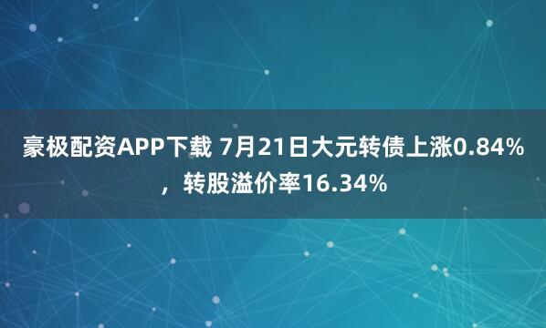 豪极配资APP下载 7月21日大元转债上涨0.84%，转股溢价率16.34%